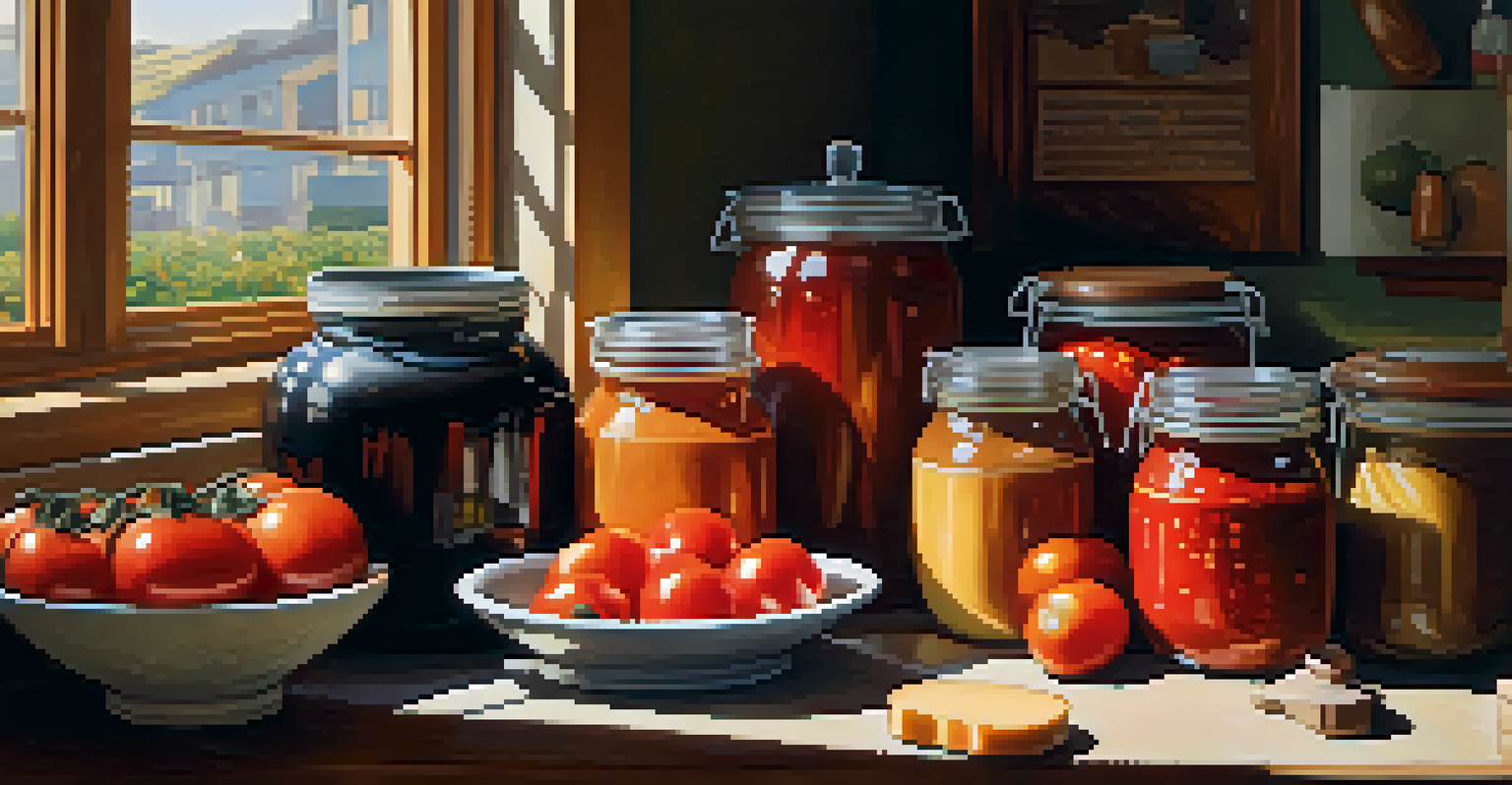 A kitchen scene showcasing umami-rich ingredients like soy sauce and ripe tomatoes, beautifully arranged in jars and bowls under bright window light.