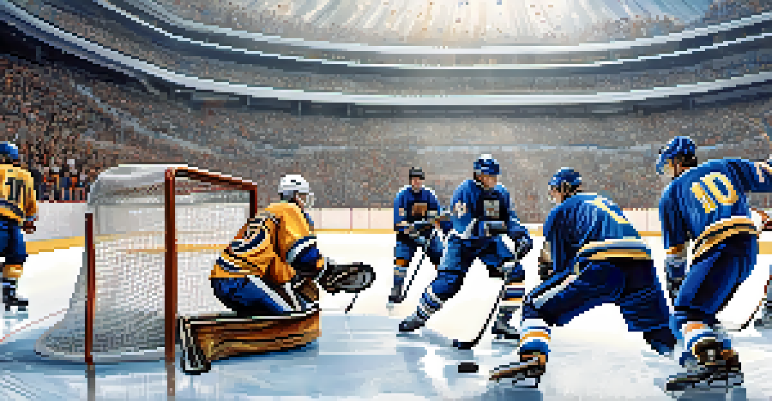 A thrilling ice hockey game in action, with players competing and a goalie ready to block a shot.
