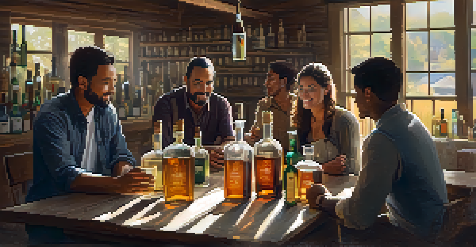 A gathering of distillers tasting spirits around a rustic table, with bottles and glasses, under soft evening light.
