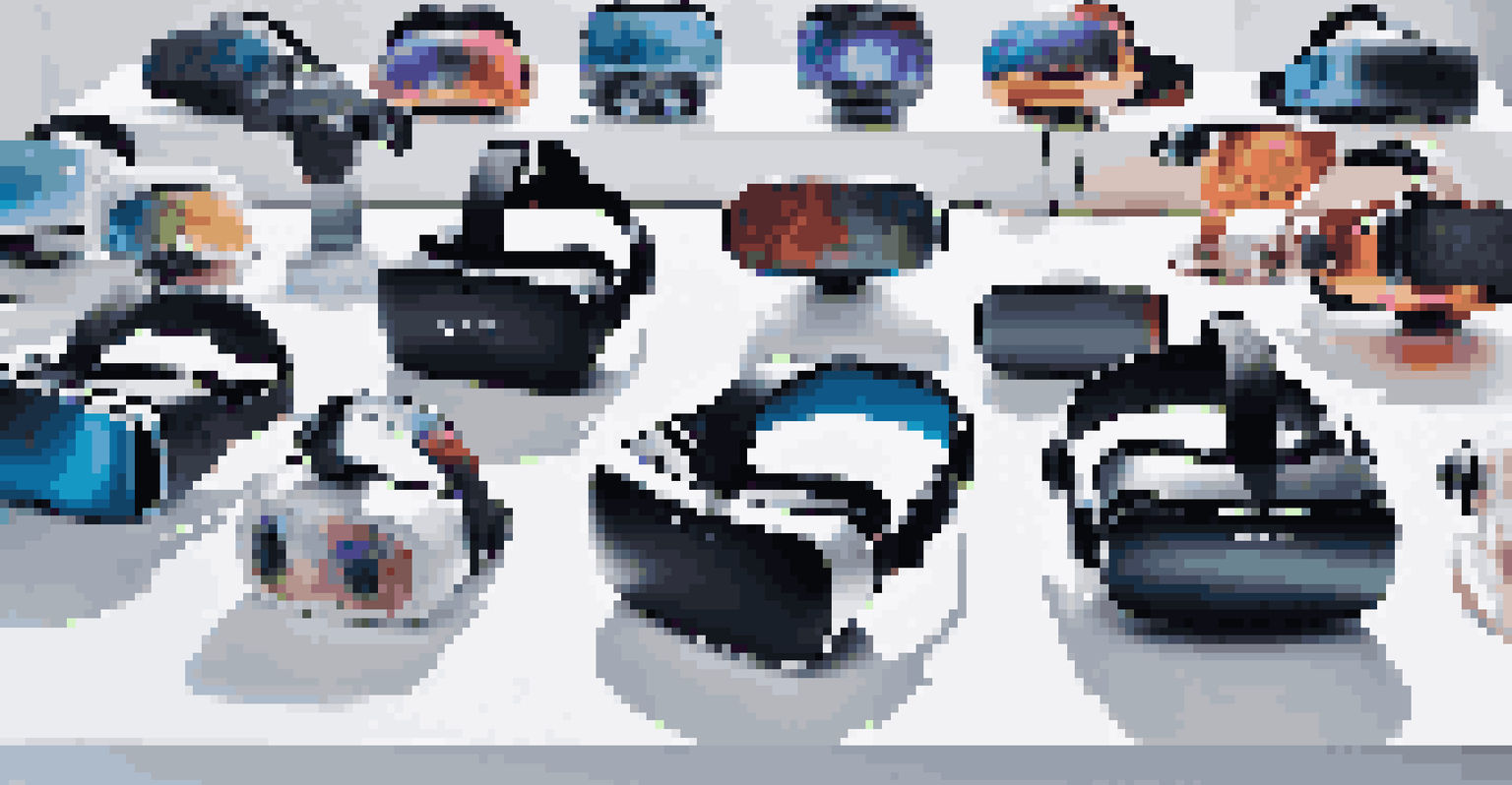 A display of different VR headsets on a white table, illuminated by bright studio lighting.