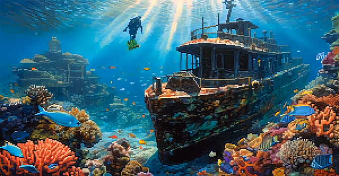 A diver swimming near a colorful coral reef with a sunken shipwreck, illuminated by sunlight with fish swimming around.