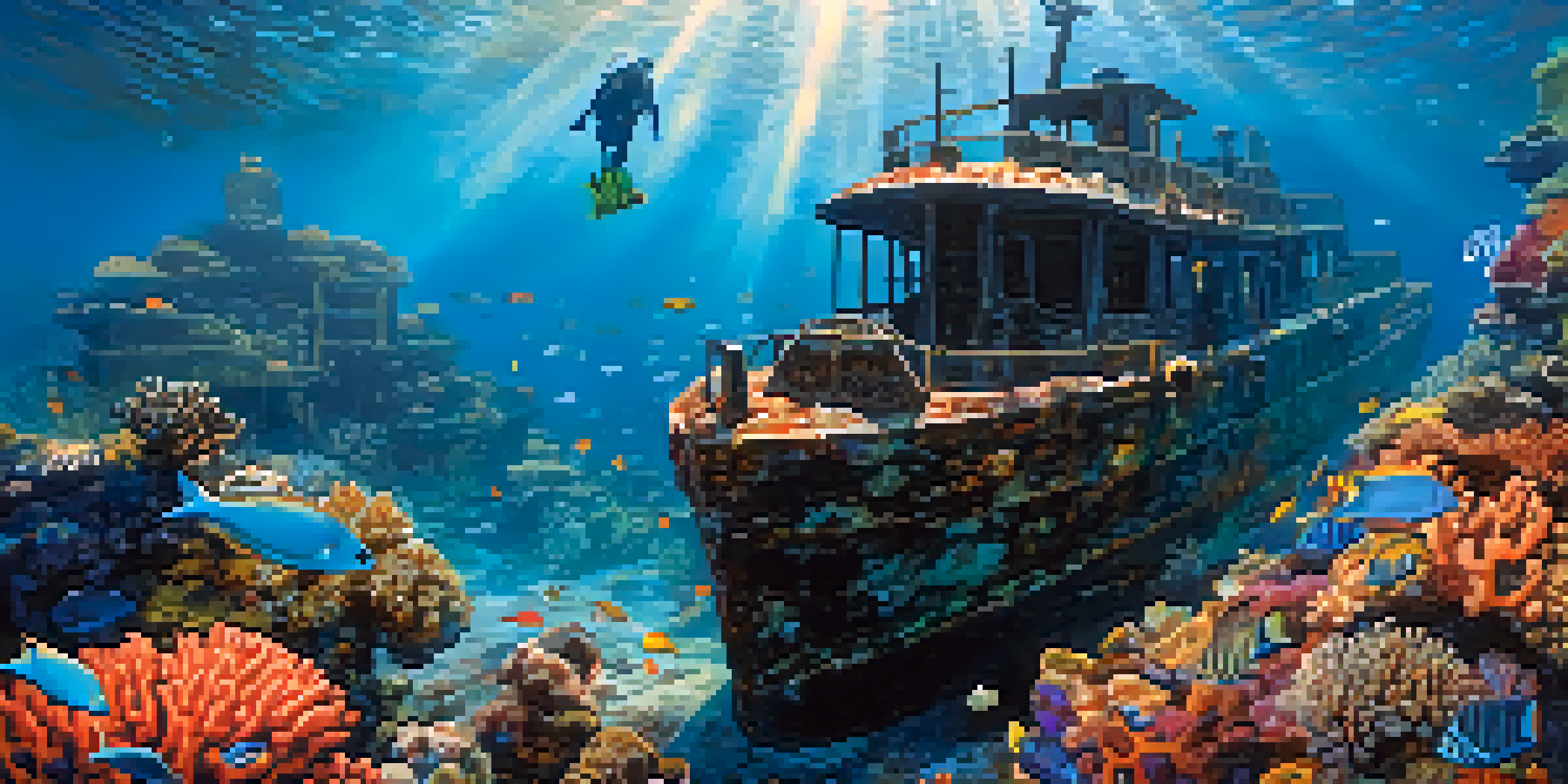 A diver swimming near a colorful coral reef with a sunken shipwreck, illuminated by sunlight with fish swimming around.