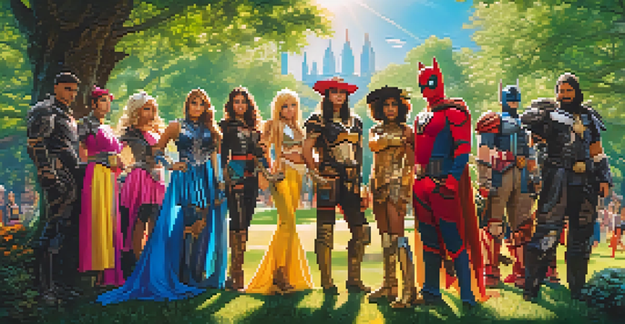 A group of diverse cosplayers in colorful costumes standing in a sunny park, with sunlight filtering through trees and highlighting their outfits.