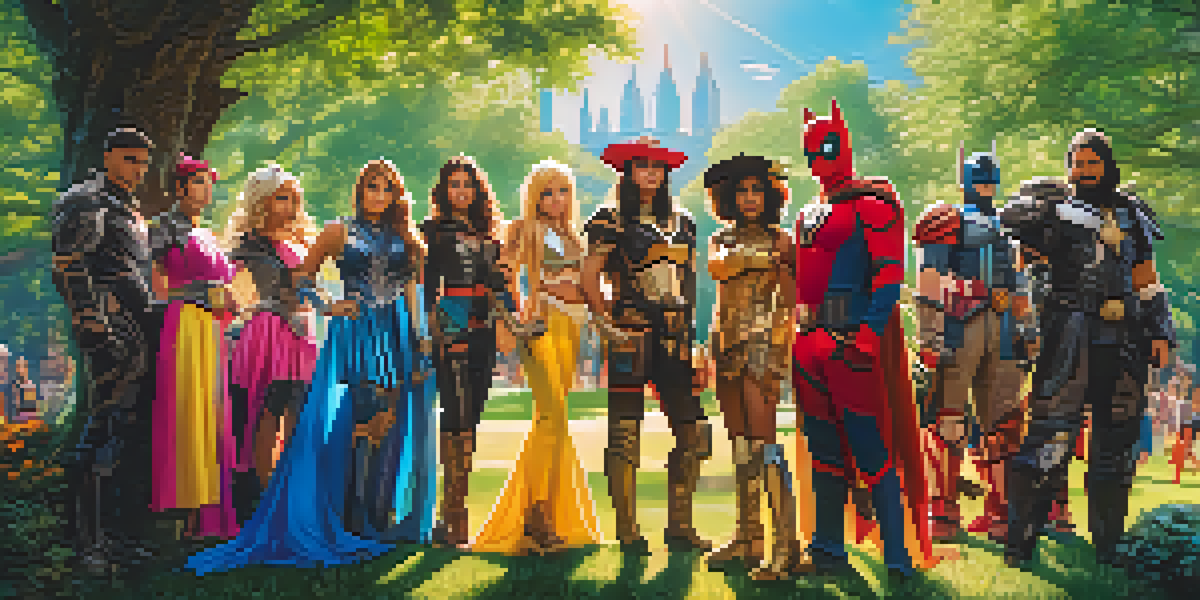 A group of diverse cosplayers in colorful costumes standing in a sunny park, with sunlight filtering through trees and highlighting their outfits.
