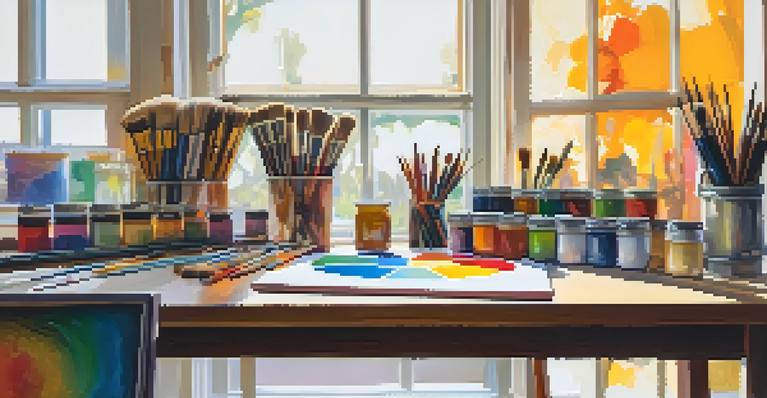An artist's workspace with colorful paint tubes, brushes, and a blank canvas, illuminated by soft warm lighting.