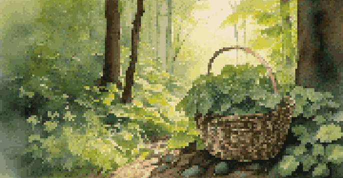 A peaceful forest with sunlight filtering through the trees, featuring wild edible plants and a basket of foraged herbs.