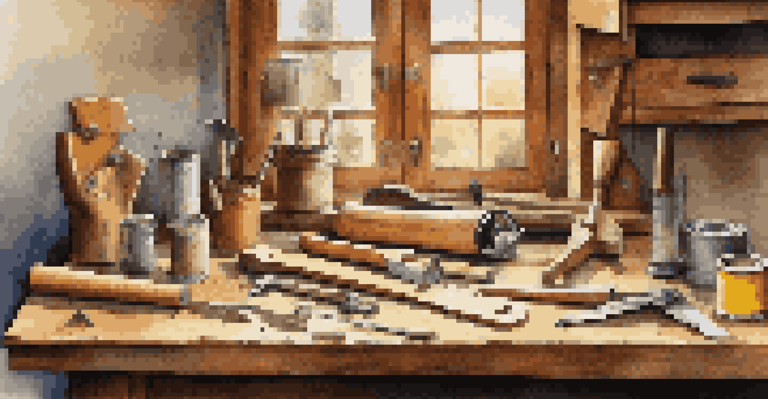 A collection of hand tools for birdhouse building on a wooden workbench with natural light.