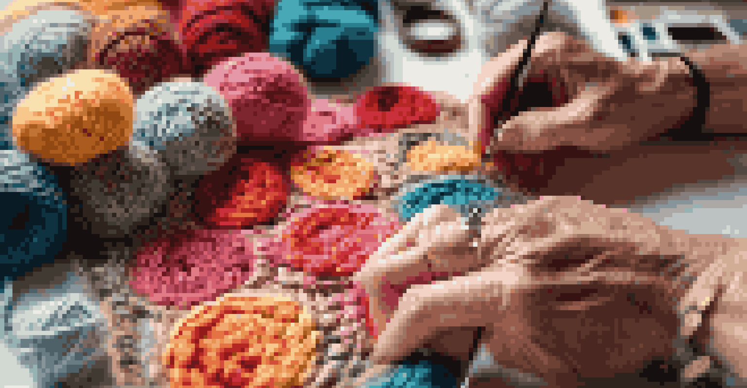 Close-up of hands crocheting with colorful yarn, showcasing the texture and intricate stitches in a cozy crafting environment.