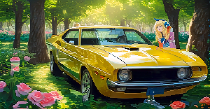 A cosplayer in a colorful anime costume poses in a sunny park surrounded by flowers.