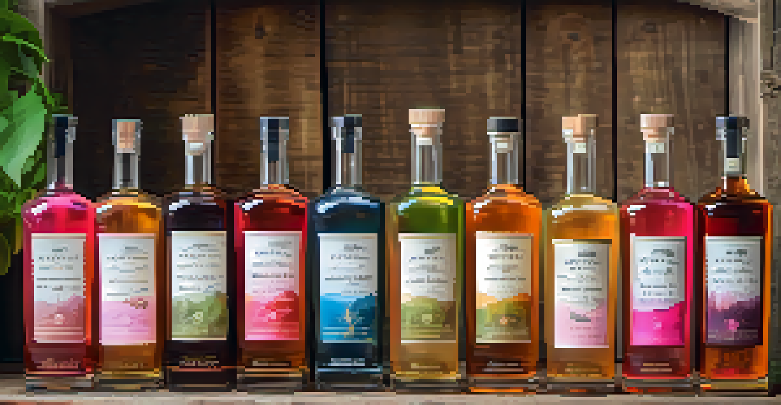 Assorted flavored spirits in glass bottles on a wooden shelf with a soft-focus garden background.