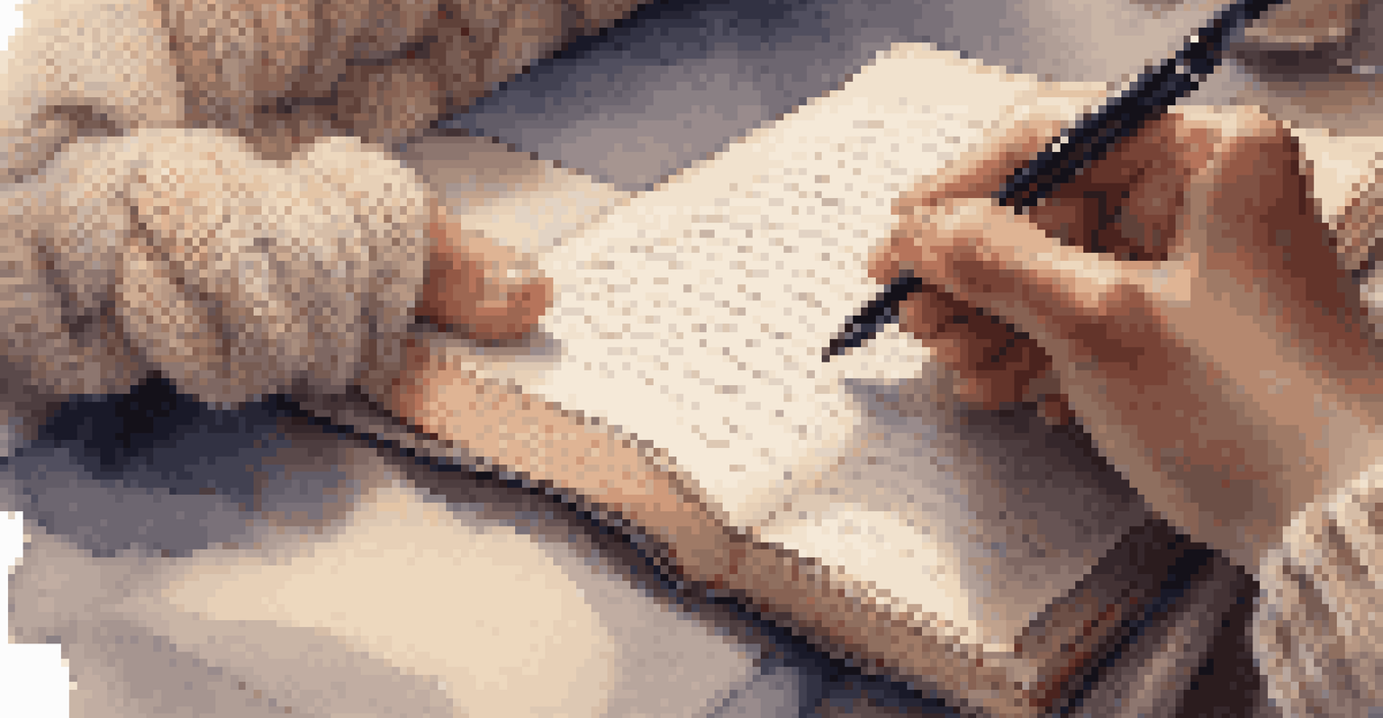 Close-up of hands writing in a journal, with a cozy, softly blurred background featuring warm lighting and a lit candle.