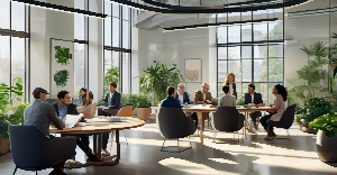 A diverse group of professionals in an office setting engaged in a feedback session, with plants and natural light creating a warm atmosphere.