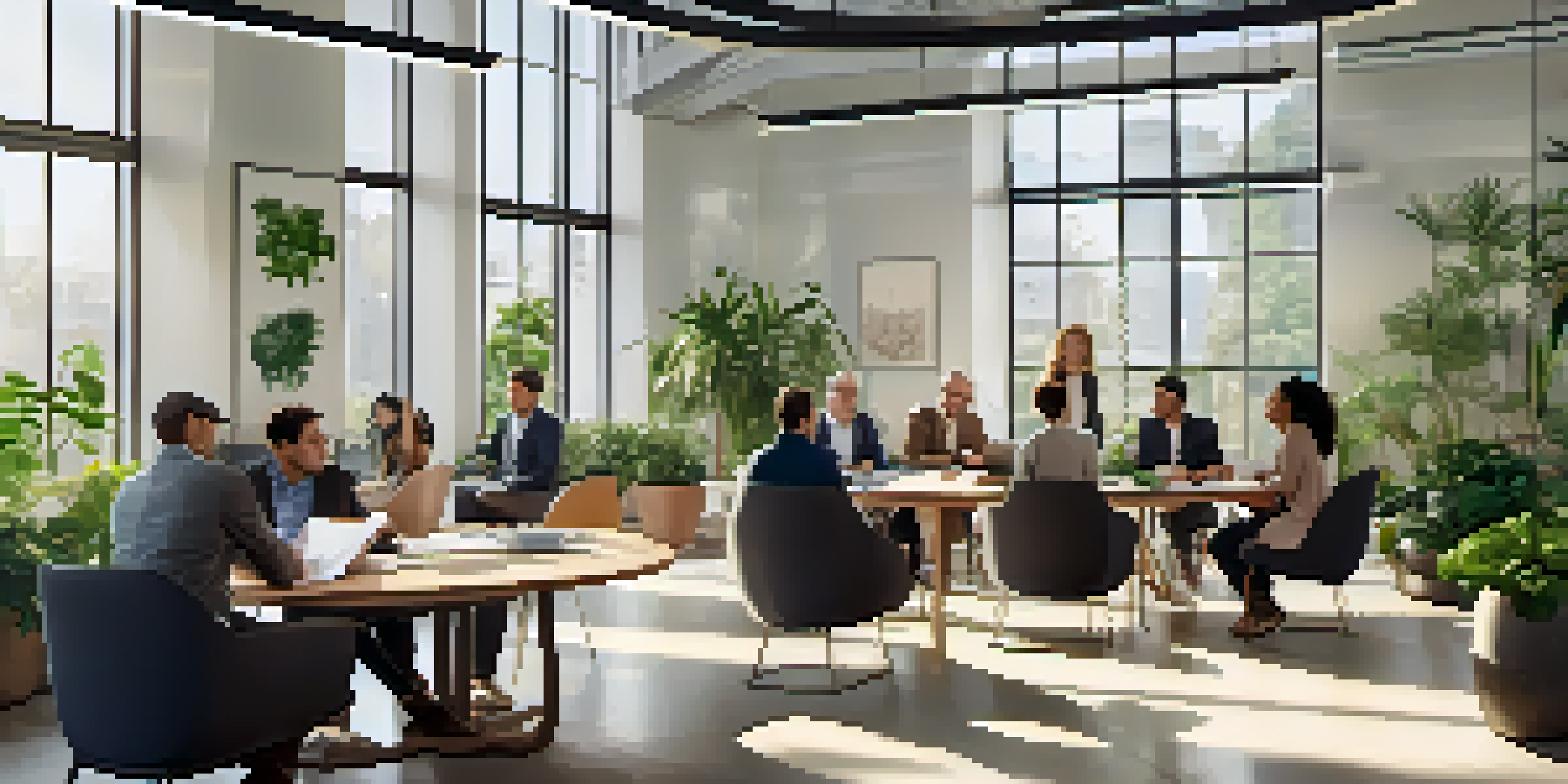 A diverse group of professionals in an office setting engaged in a feedback session, with plants and natural light creating a warm atmosphere.