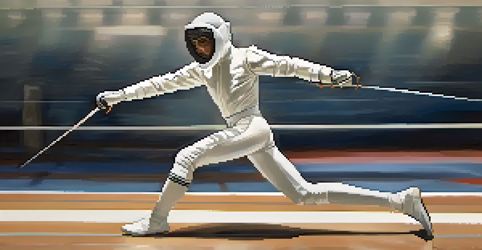 A fencer in protective gear lunging with a foil weapon on a fencing piste, showcasing motion and intensity.
