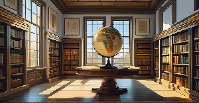 A cozy library with wooden shelves full of books, a wooden table with a vintage globe and historical texts, illuminated by warm sunlight from tall windows.