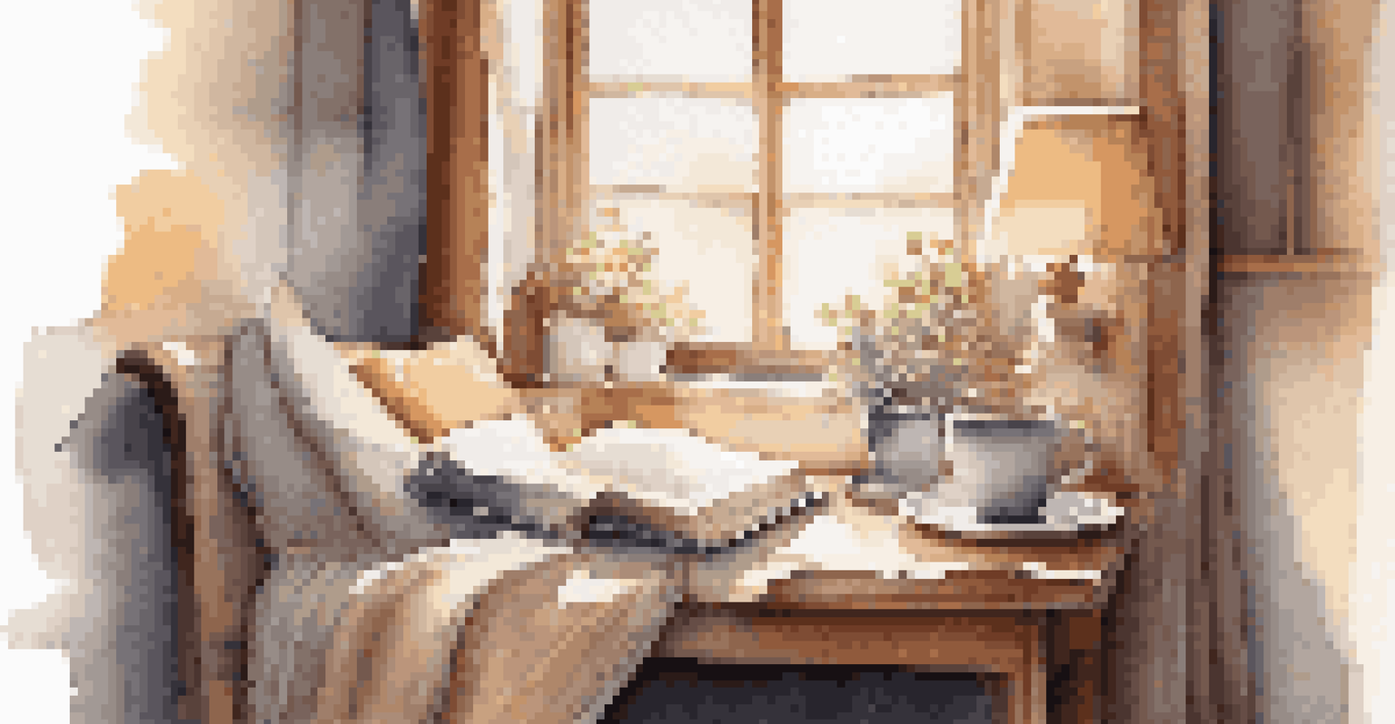 A cozy reading nook with pillows, a blanket, a stack of books, and a cup of tea by a window with natural light.
