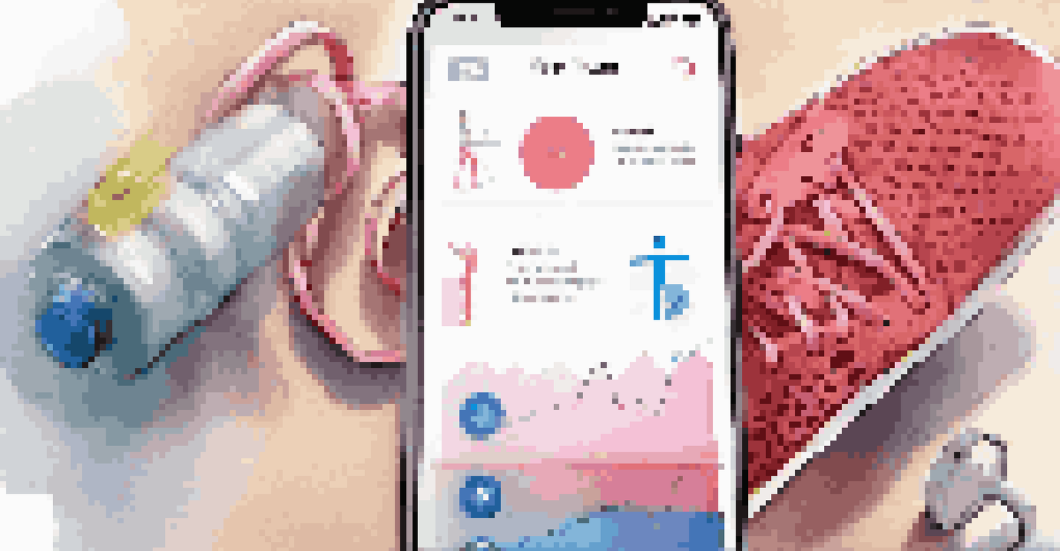 A close-up of a smartphone with a fitness app open, surrounded by workout accessories like a water bottle and running shoes.
