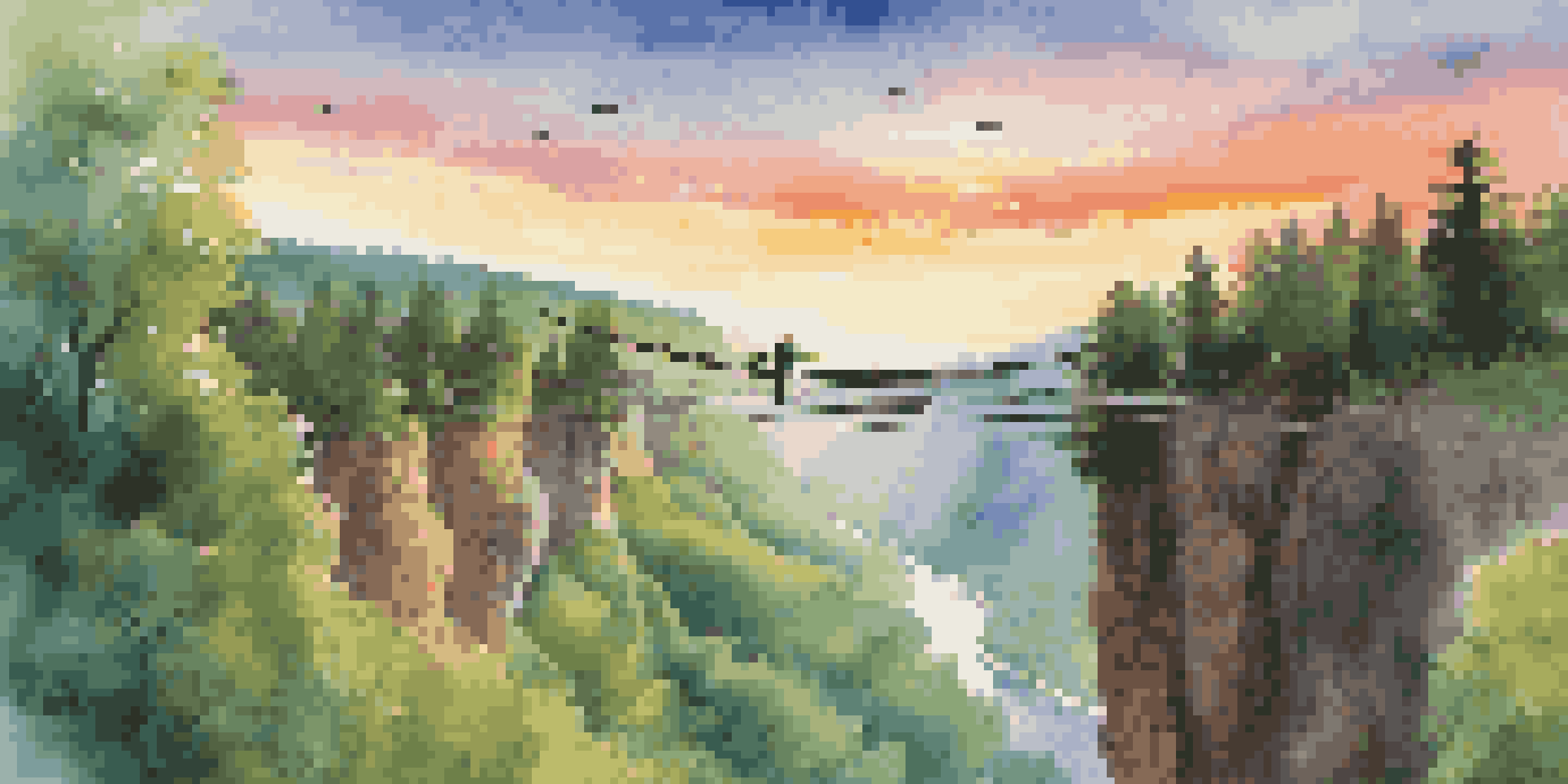 A bungee jumper leaps from a cliff into a picturesque valley at sunset, with a river winding through the lush greenery beneath.