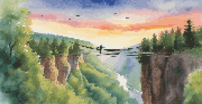 A bungee jumper leaps from a cliff into a picturesque valley at sunset, with a river winding through the lush greenery beneath.