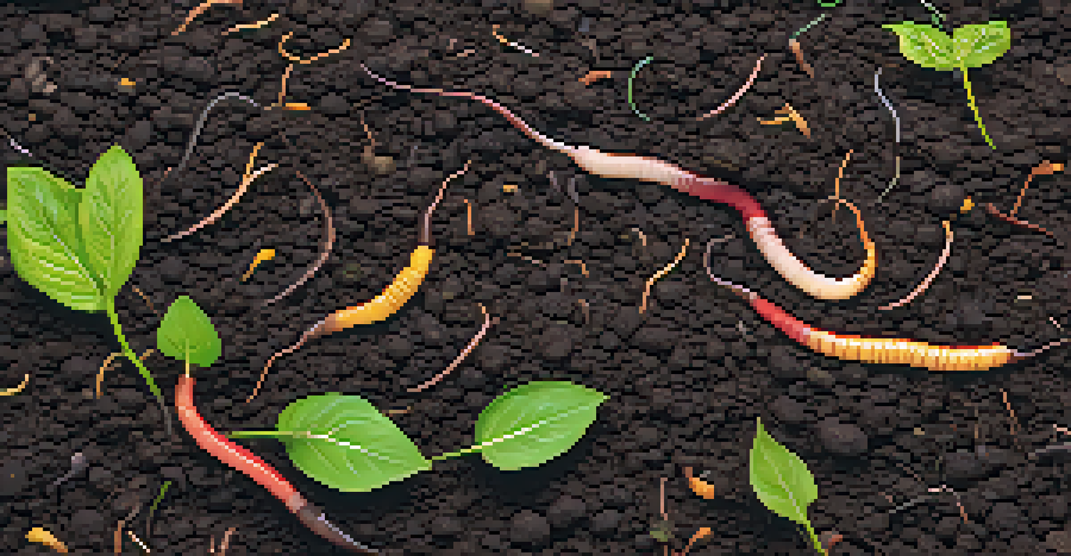 Close-up of healthy soil with earthworms and organic matter, illustrating its rich texture and color.