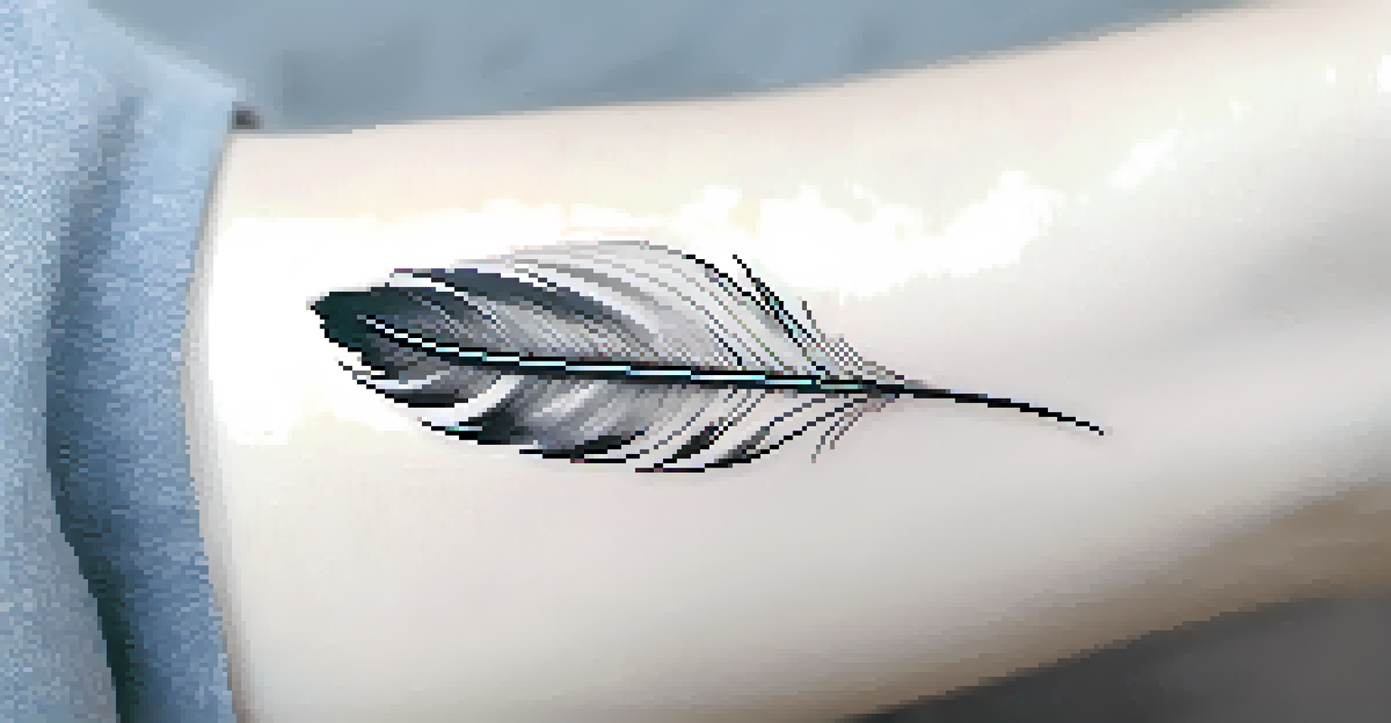 A minimalist wrist tattoo of a delicate feather illustrated in fine line work.