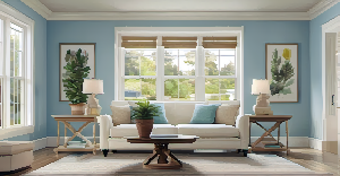 A cozy living room with pastel blue walls, a beige sofa, and natural light coming through large windows.