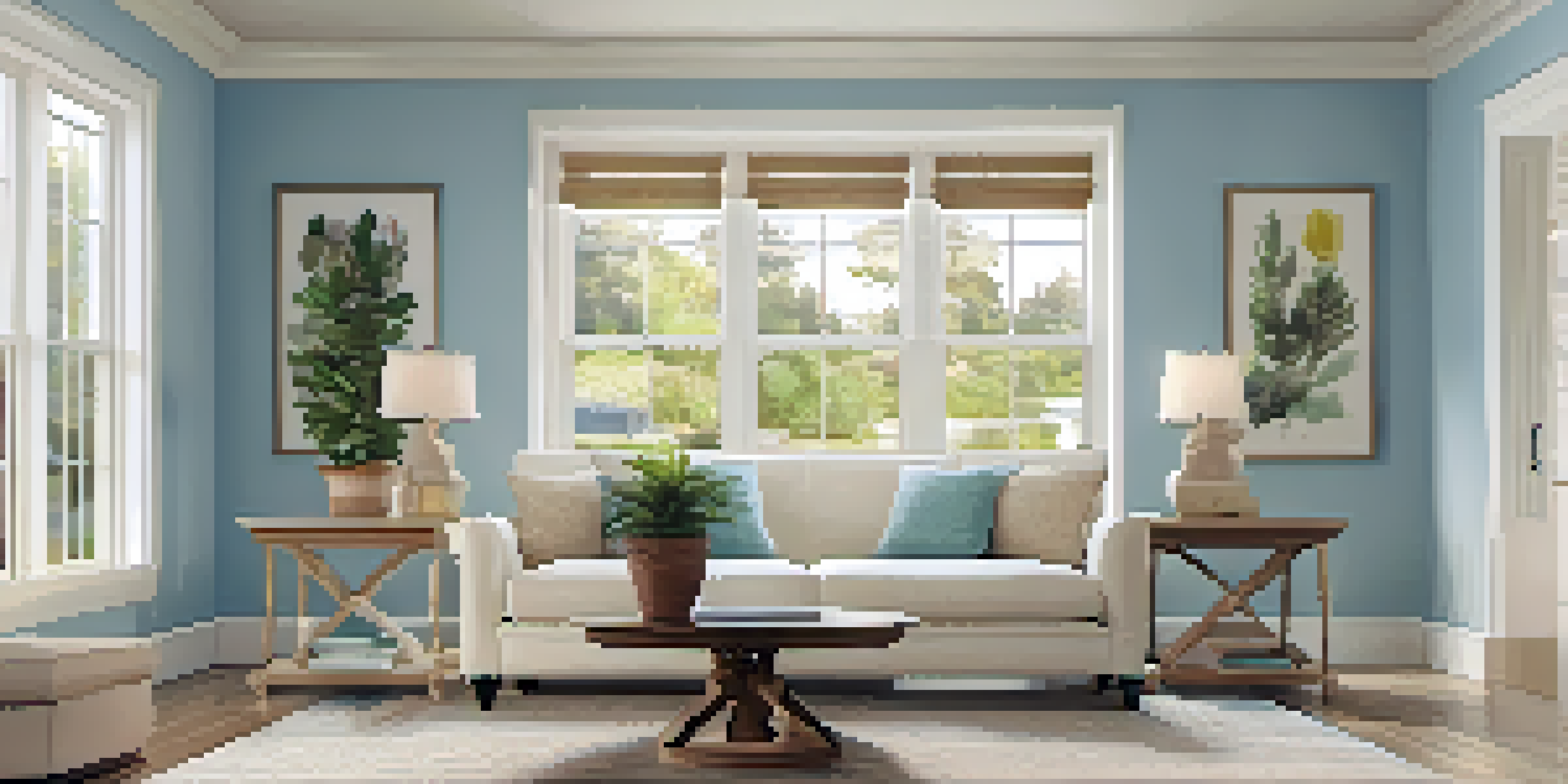 A cozy living room with pastel blue walls, a beige sofa, and natural light coming through large windows.
