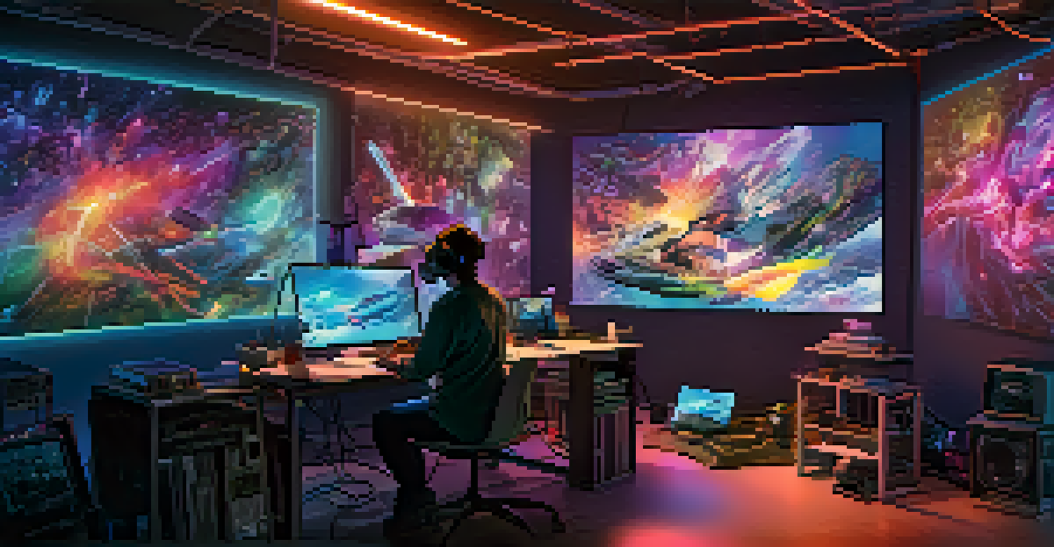 An artist's workspace for virtual reality art creation with digital tools and a focused figure.