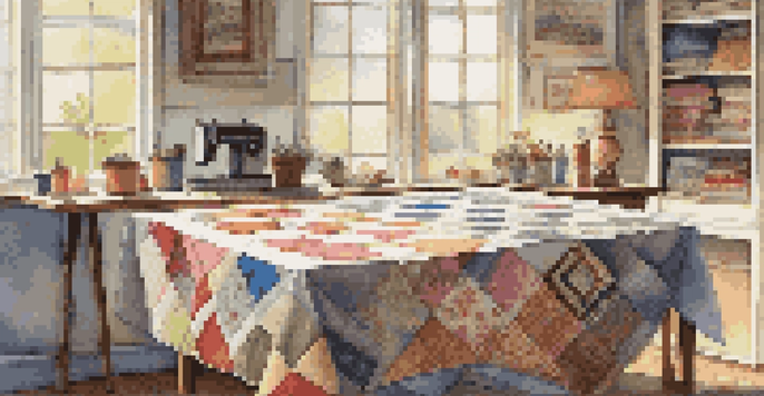A bright and serene quilting workspace with colorful fabrics, tools, and a sewing machine, illuminated by soft sunlight.