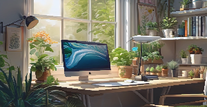 A garden design workspace with a computer displaying garden layouts, surrounded by potted plants and gardening tools in a well-lit room.