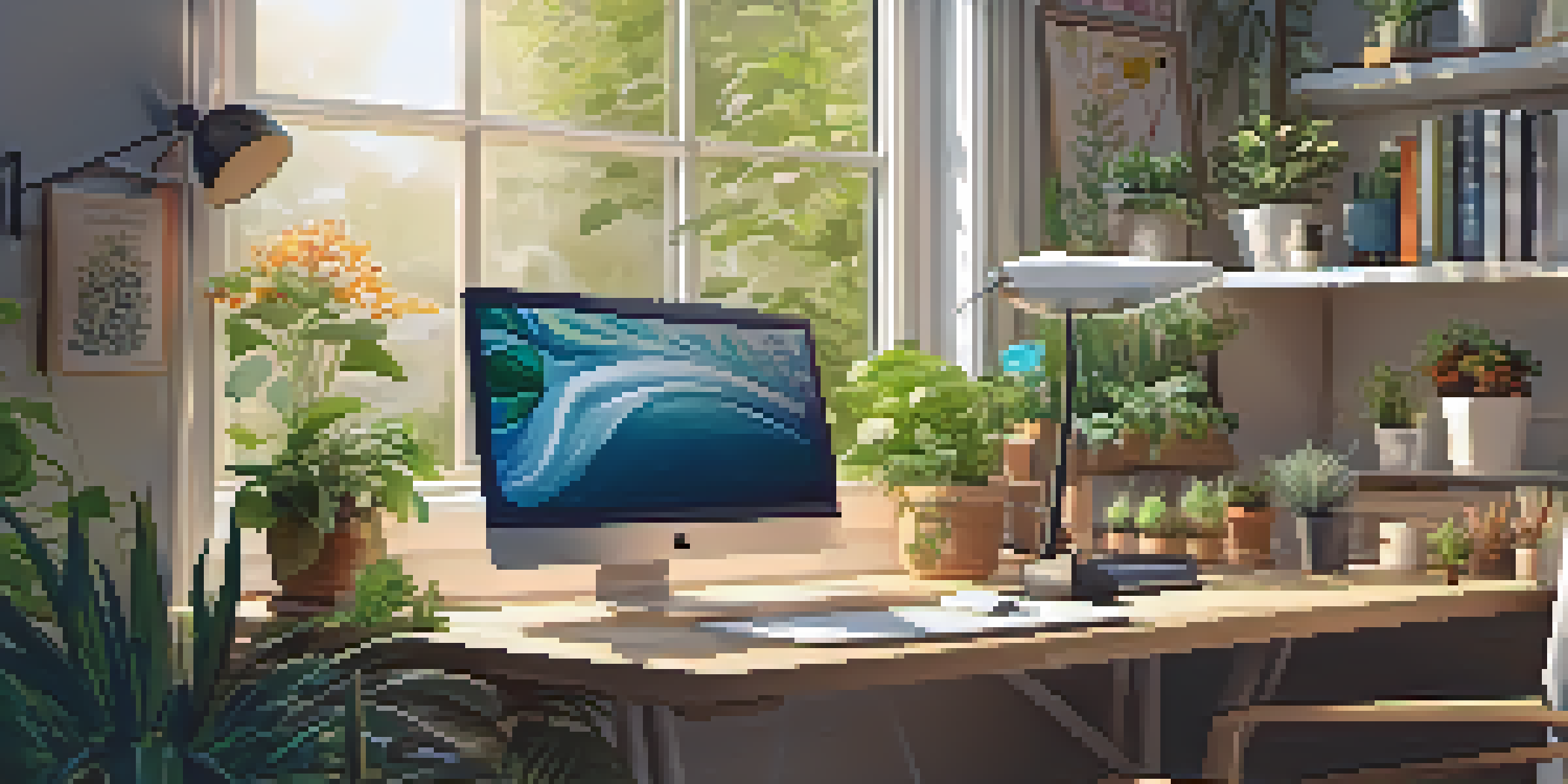 A garden design workspace with a computer displaying garden layouts, surrounded by potted plants and gardening tools in a well-lit room.
