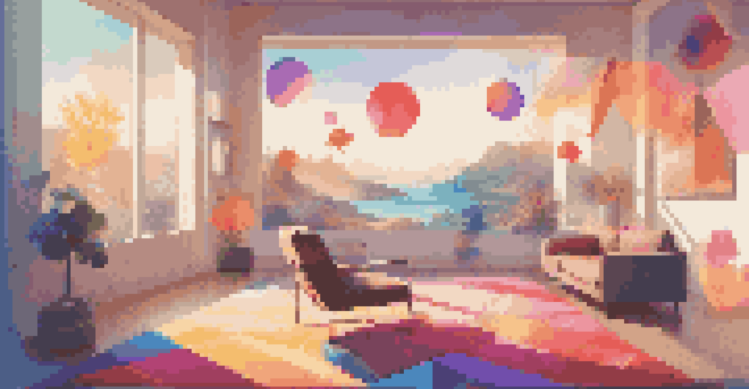A person in a living room wearing a VR headset, with colorful virtual elements around them.