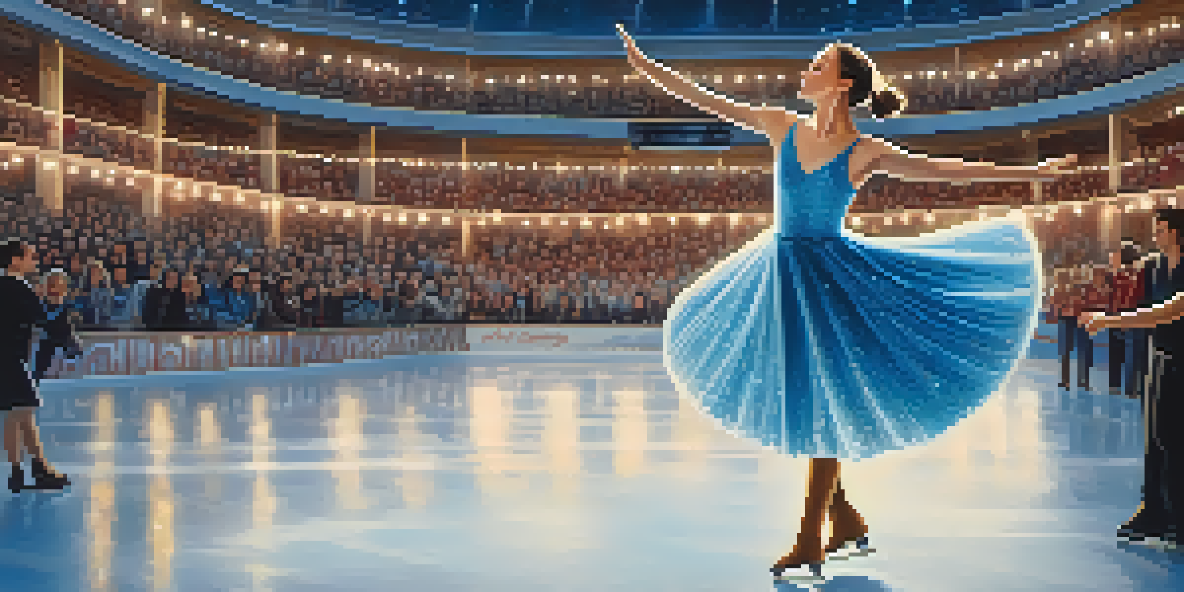 A figure skater in a sparkling blue costume performing a spin on an ice rink, with a cheering audience in the background.