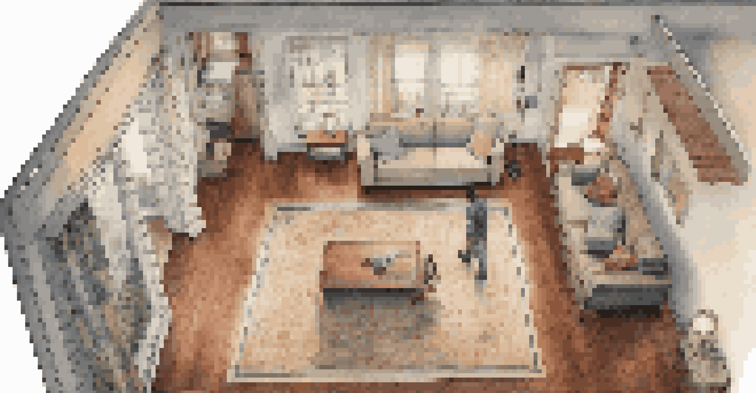An aerial view of a smart vacuum mapping out a cozy home interior with furniture and wooden flooring.