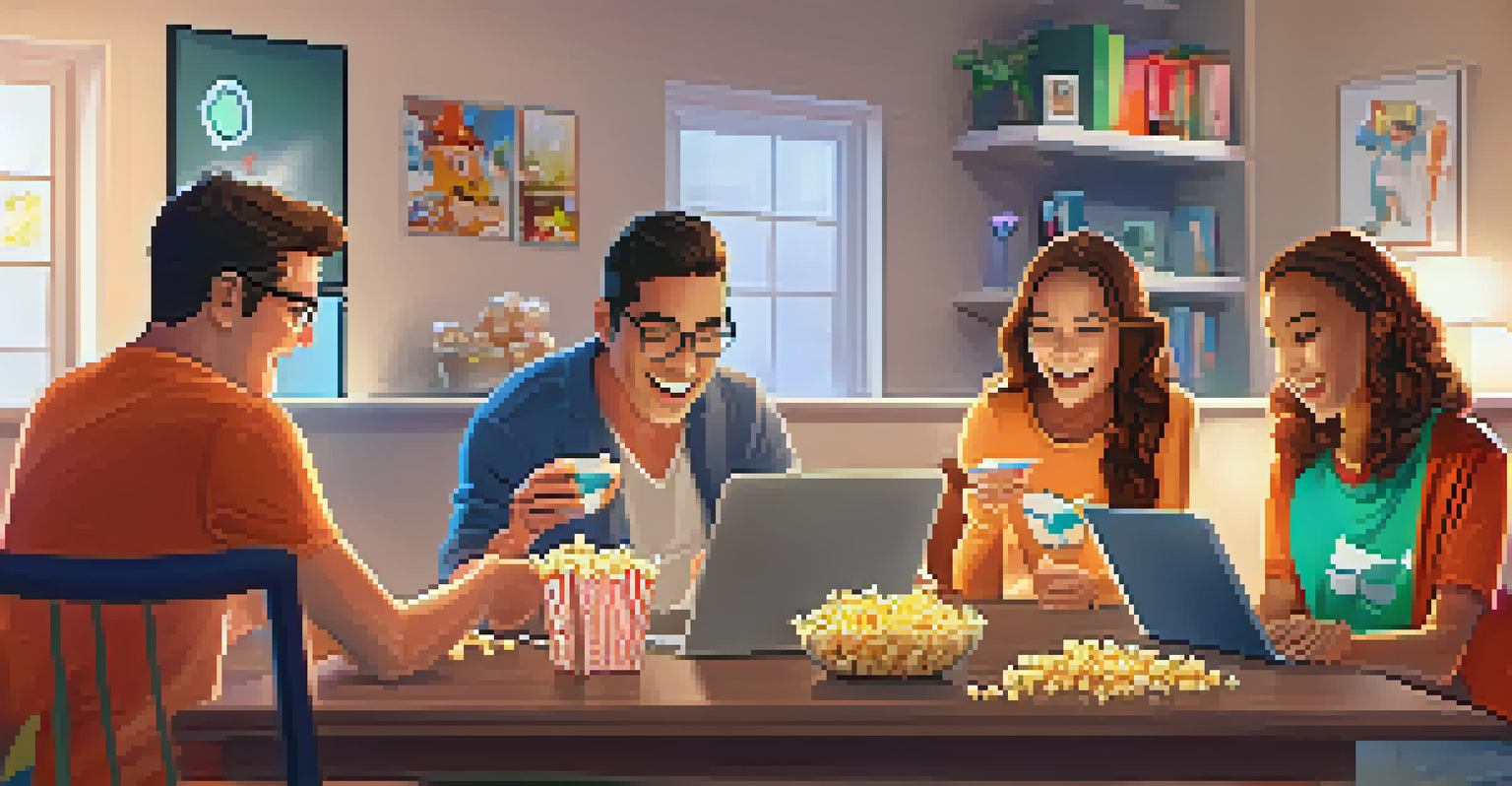 A family enjoying a digital game night, playing interactive games on tablets and laptops with snacks on the table.