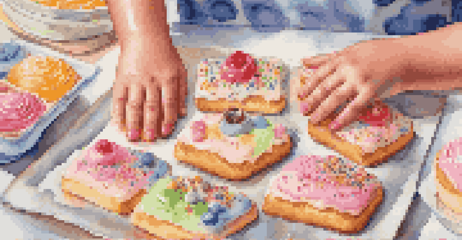 A child's hands decorating pastries with colorful icing and sprinkles, showcasing creativity and fun in baking.