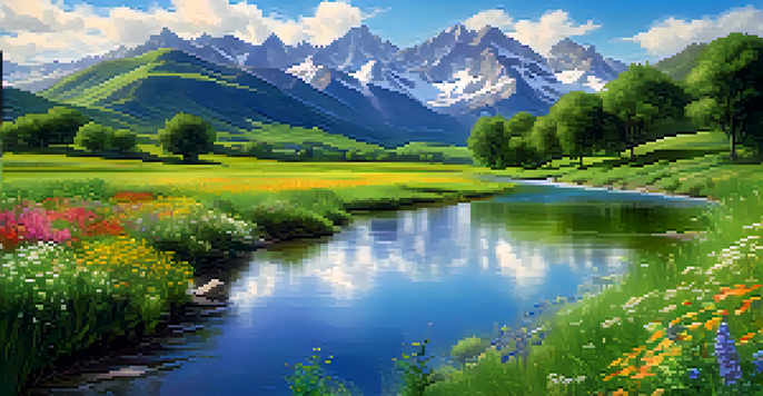 A bright and colorful digital landscape featuring a green valley, blue sky, and a field of wildflowers, with a winding river in the foreground.