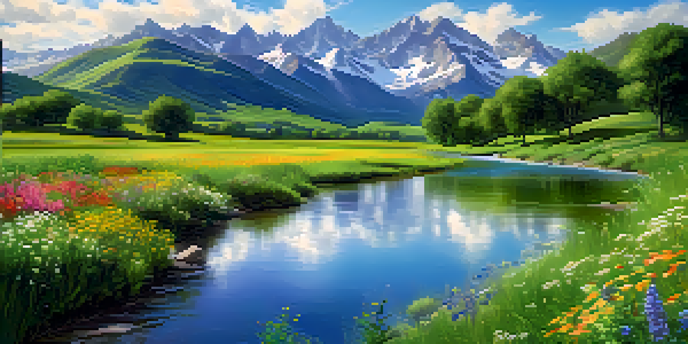 A bright and colorful digital landscape featuring a green valley, blue sky, and a field of wildflowers, with a winding river in the foreground.