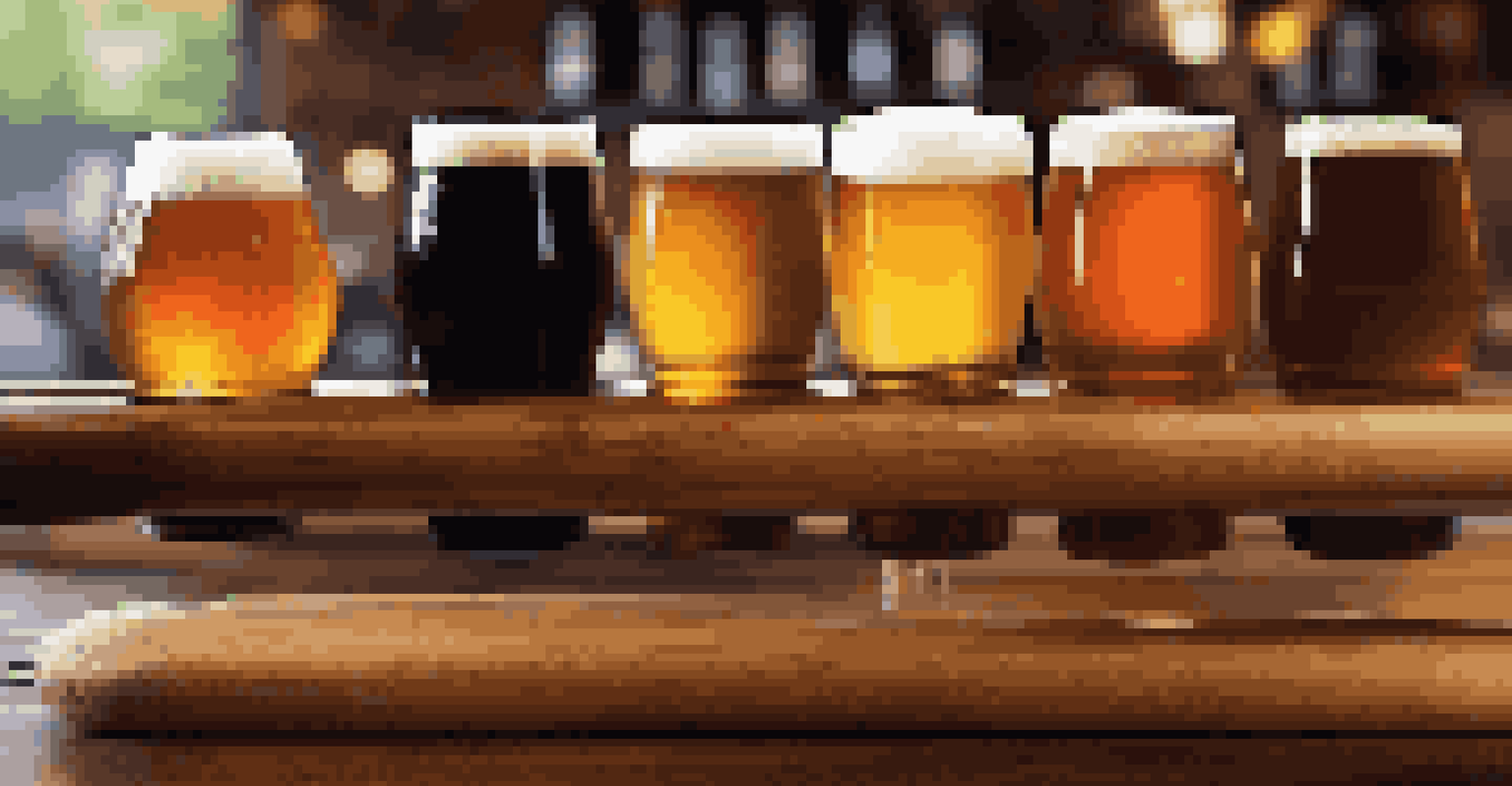 A close-up of a craft beer flight on a wooden paddle, featuring different styles of beer in small glasses.