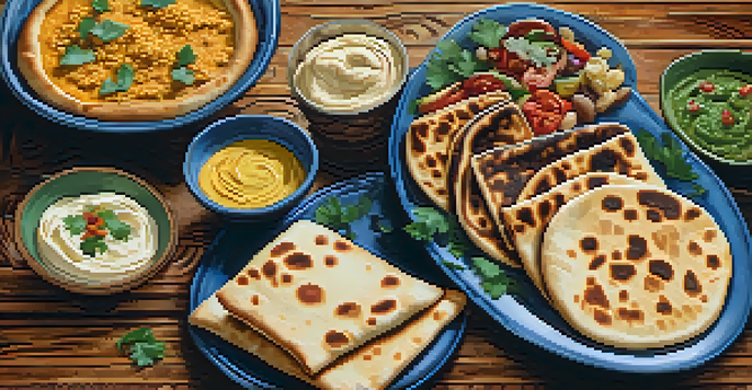 A platter featuring different types of flatbreads like naan, tortillas, and pita, served with colorful dishes.