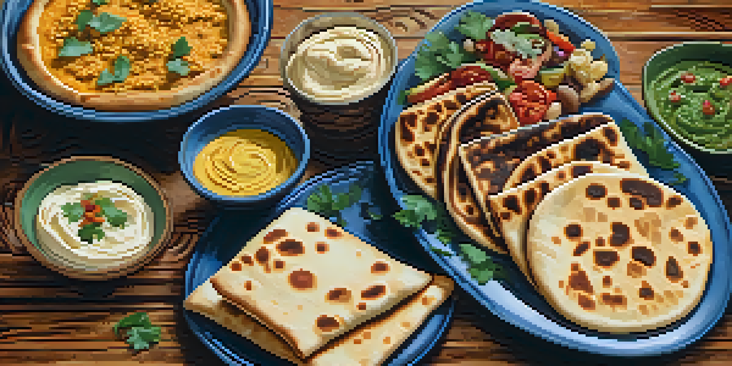A platter featuring different types of flatbreads like naan, tortillas, and pita, served with colorful dishes.