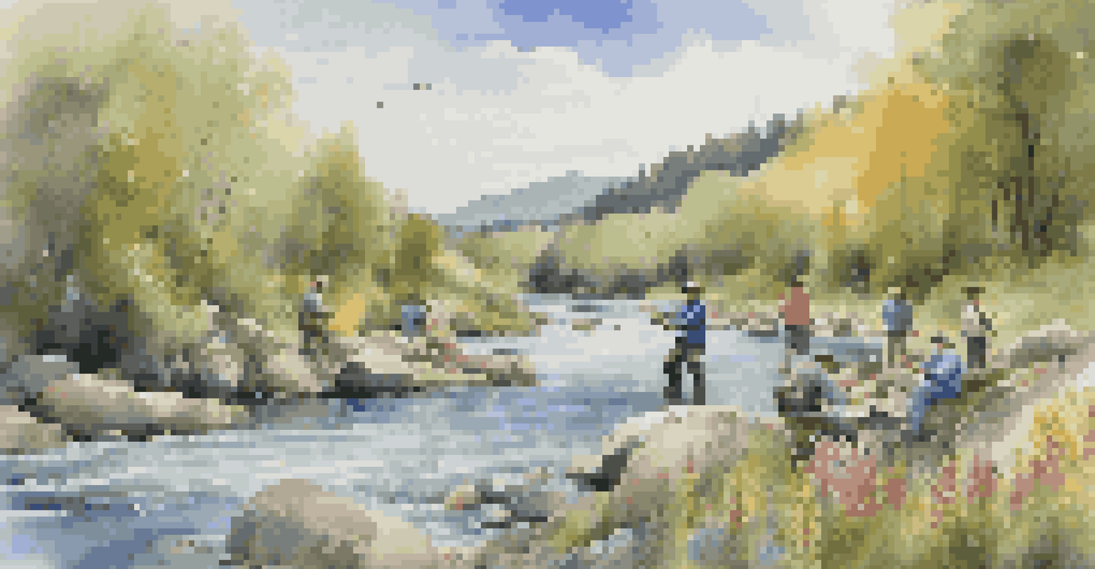 A group of anglers fishing along a rocky riverbank, surrounded by green foliage and colorful wildflowers under a bright blue sky.