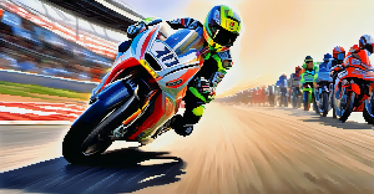 A motorcycle racer navigating a curve on a racetrack, showcasing speed and excitement.