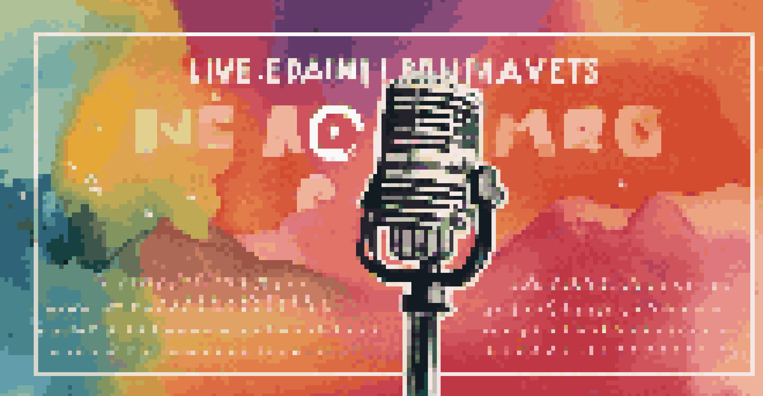 A promotional graphic for a live podcast event with vibrant colors and event details.