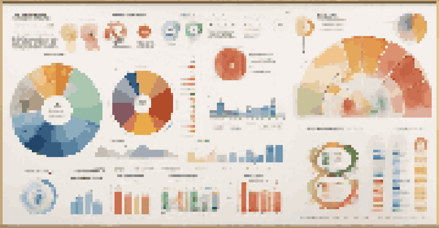 A wall displaying a variety of infographics with different styles, colors, and data representations.