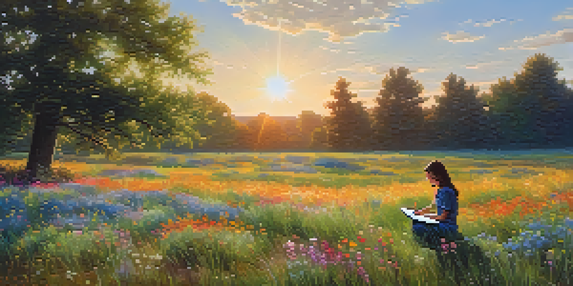 A person sitting in a field of wildflowers, writing in a notebook under a bright blue sky.