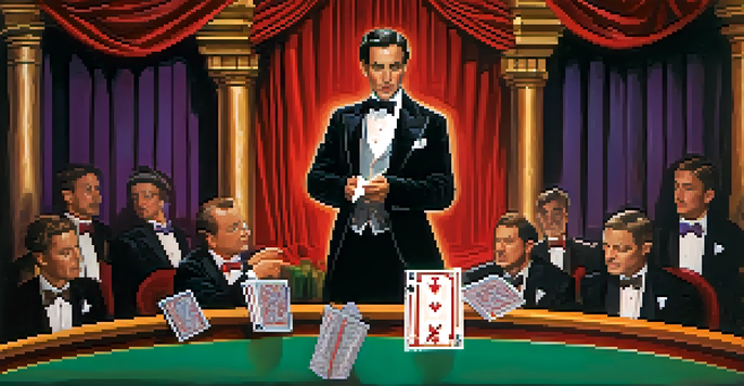 A magician in a tuxedo performing a card trick on stage, with colorful cards and an engaged audience in the background.