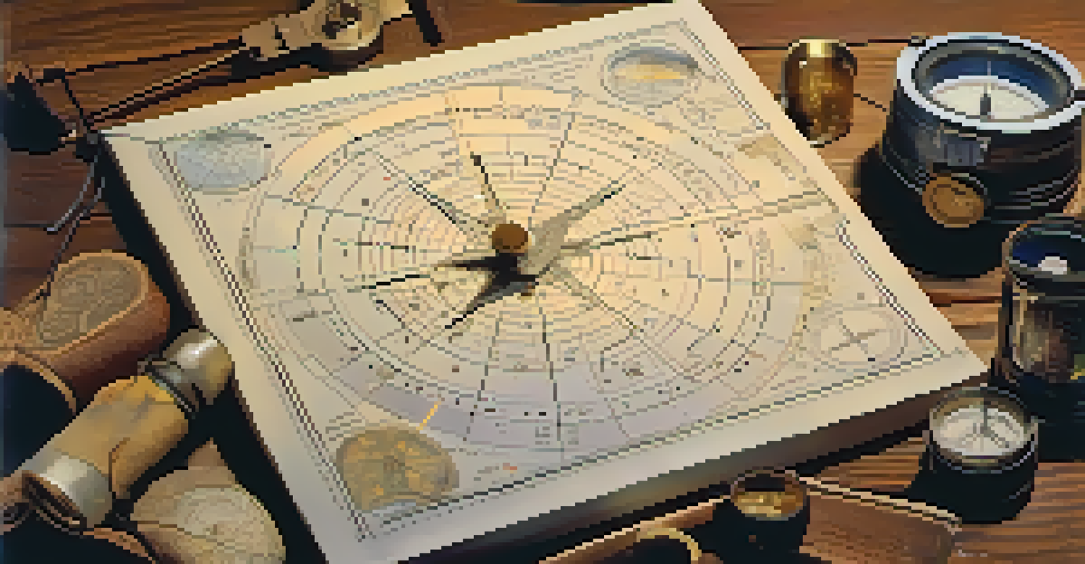 Essential navigation tools for nighttime camping displayed on a table, including a headlamp, compass, and star chart illuminated by soft light.