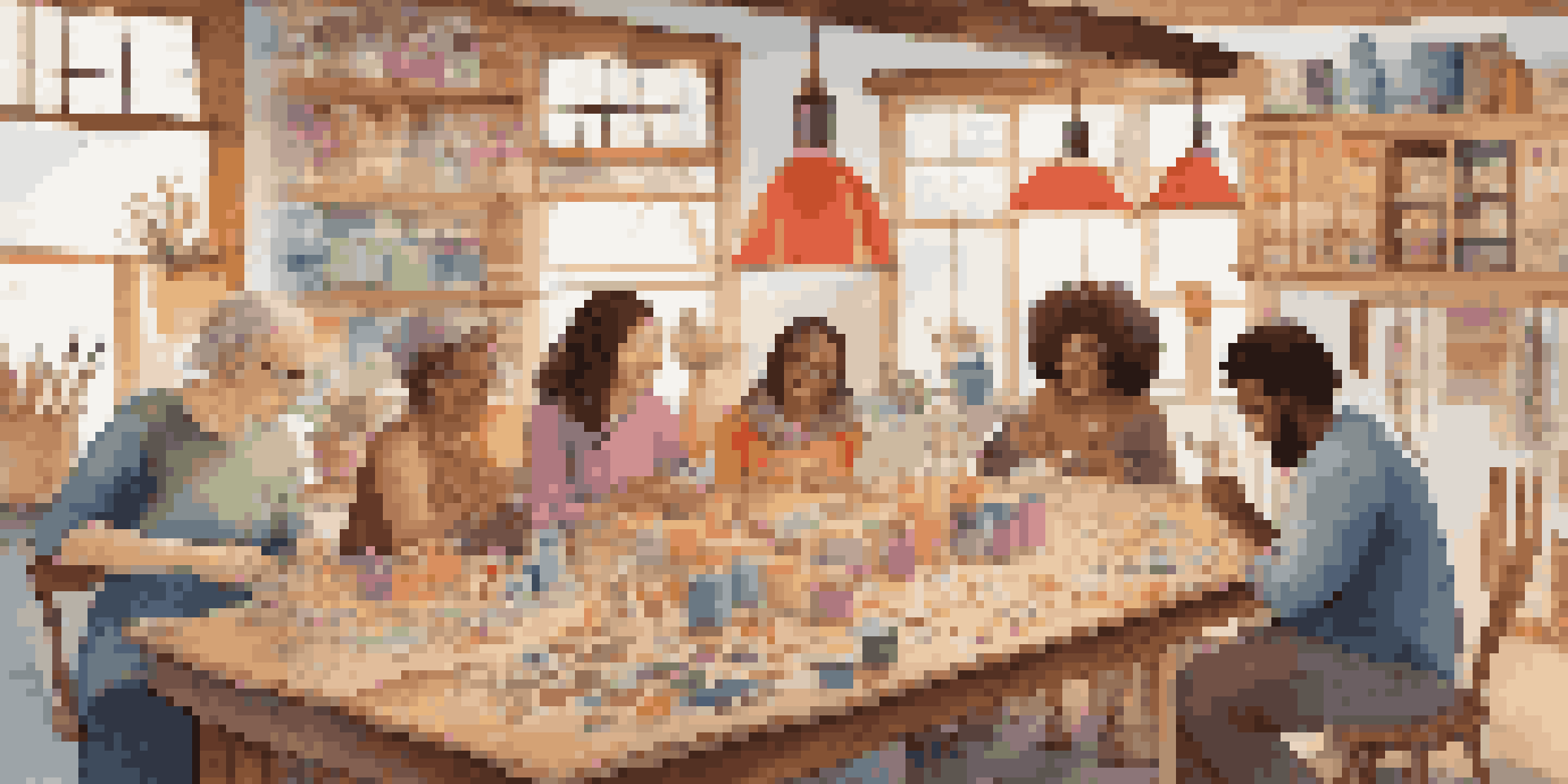 A diverse group of people engaged in various crafting activities around a table, with warm lighting and colorful supplies.