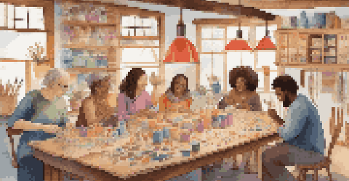A diverse group of people engaged in various crafting activities around a table, with warm lighting and colorful supplies.
